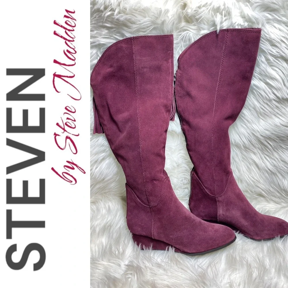 Steven‎ by Steve Madden Larken Burgundy Wine Suede Tall Wedge Boots Boho 7